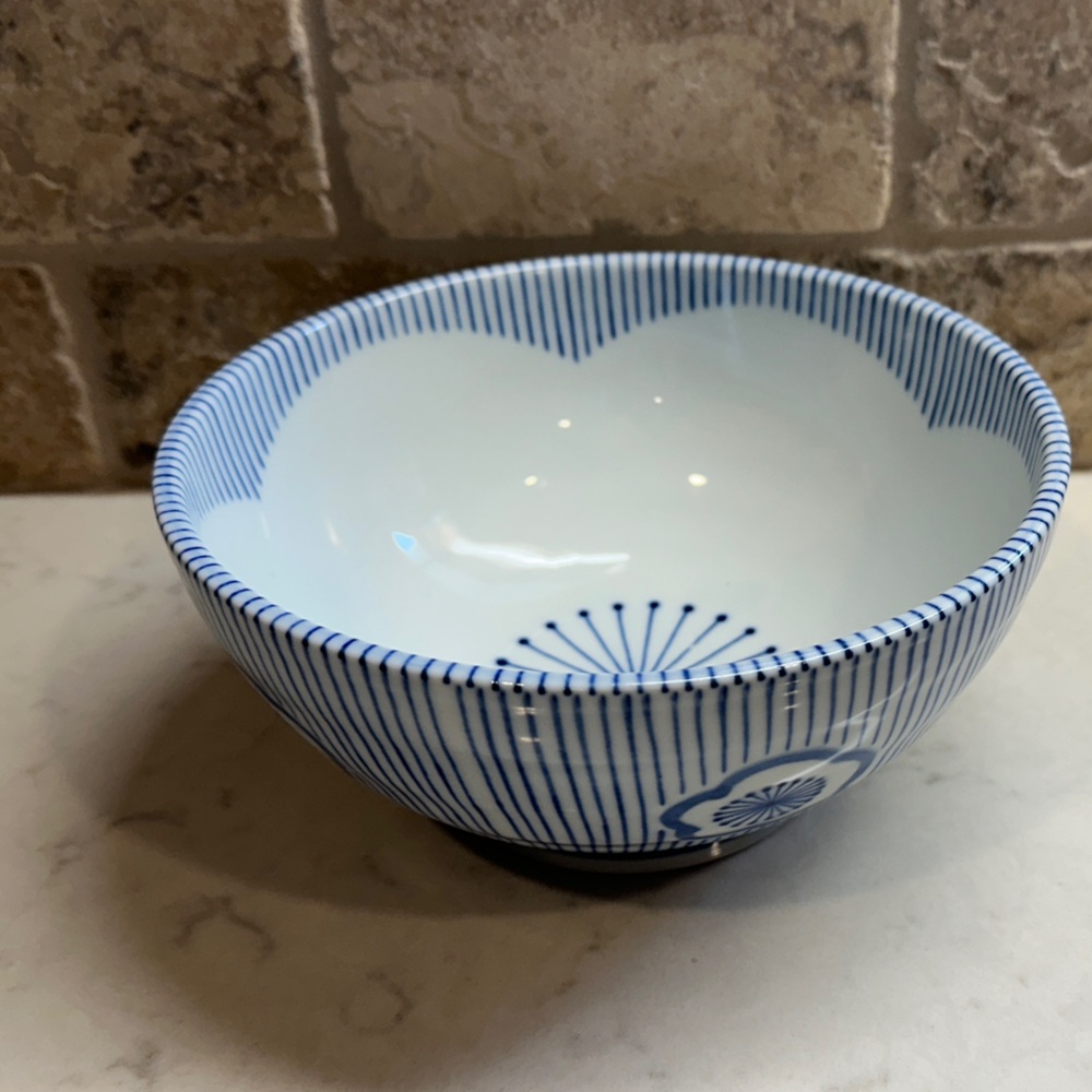 Blue and White Porcelain Rice Bowl - 7” RD Striped Floral Detail